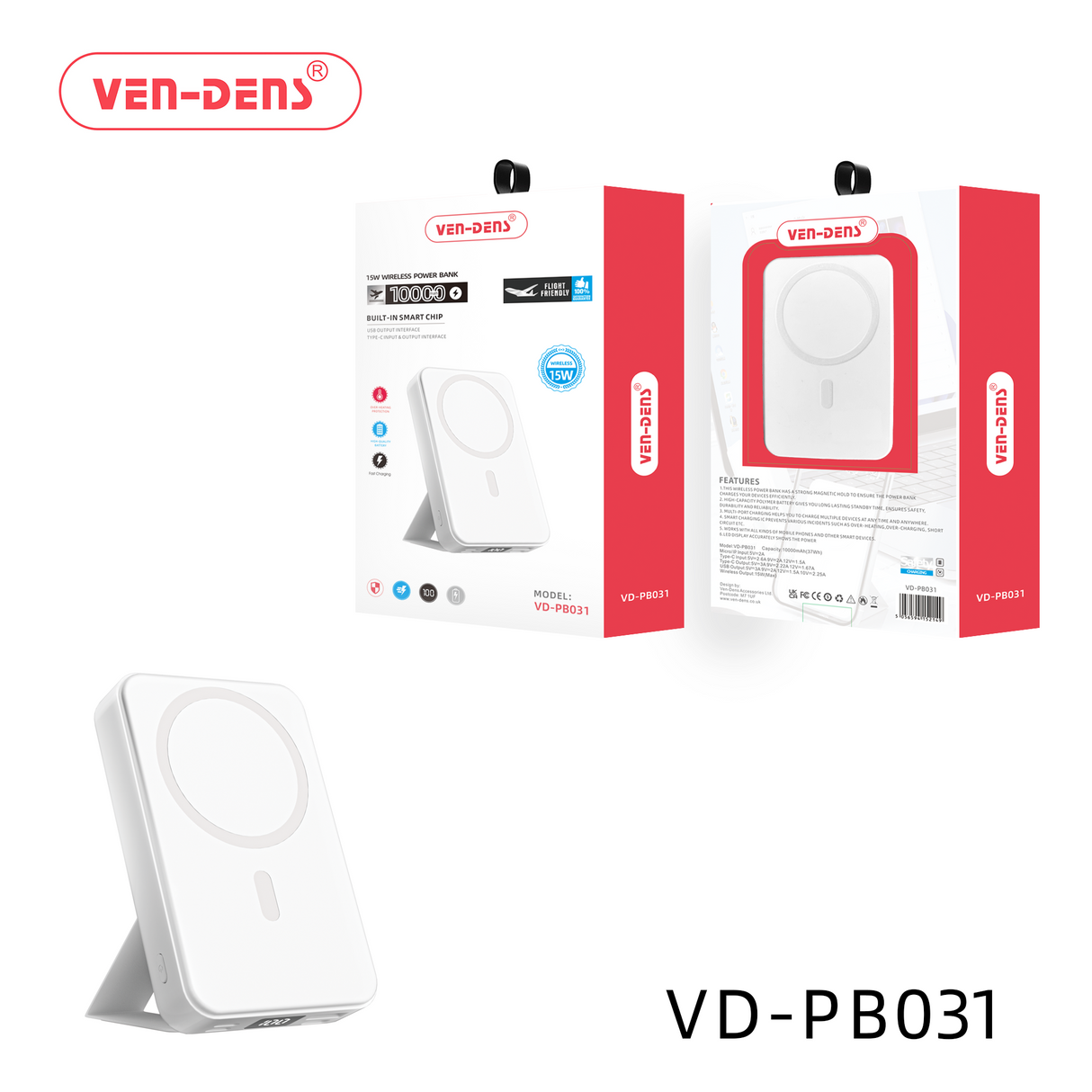 VEN-DES Power Bank 10000mAh 15w wireless powerbank with stand (built-in smart chip) VD-PB031