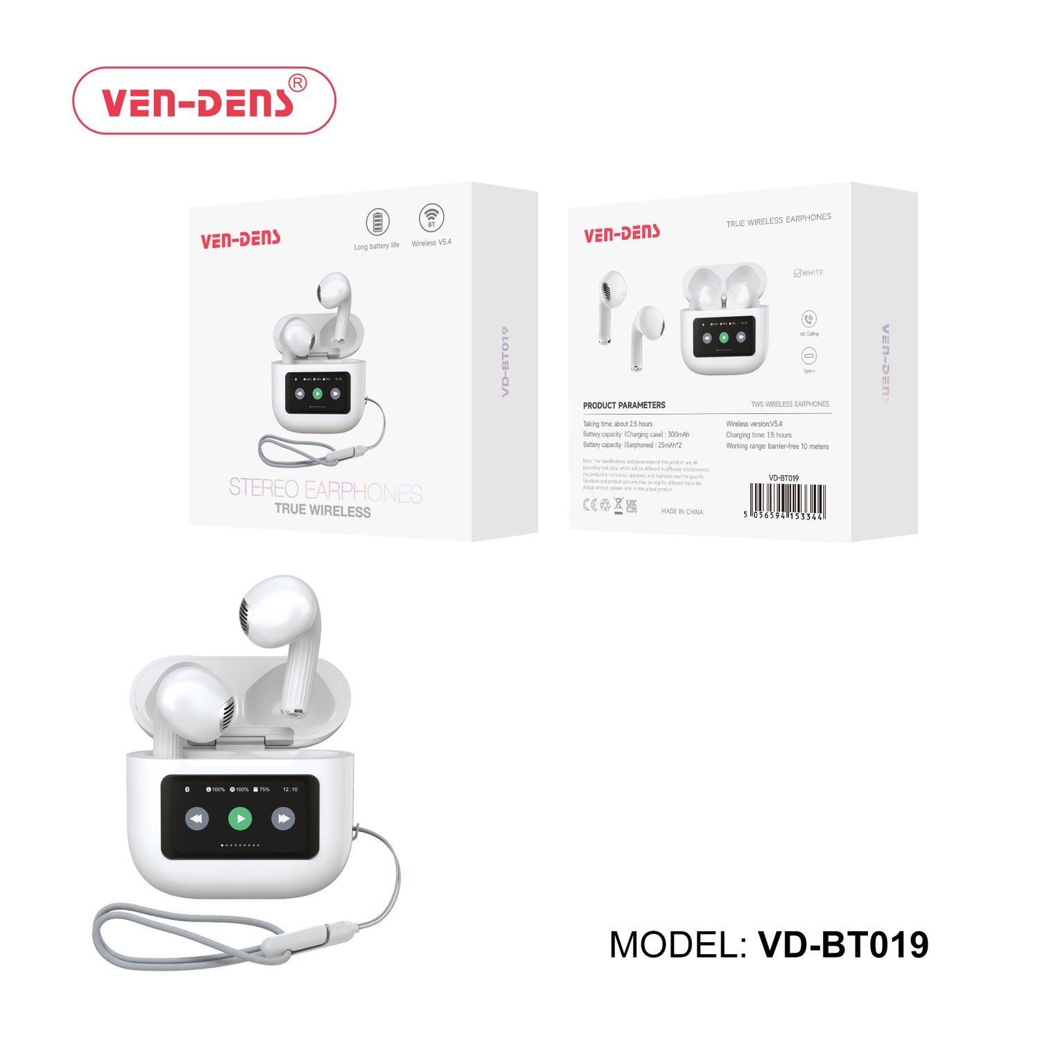 Ven-Dens True Wireless Stereo Earphones Bluetooth 5.4 Earbuds VD-BT019