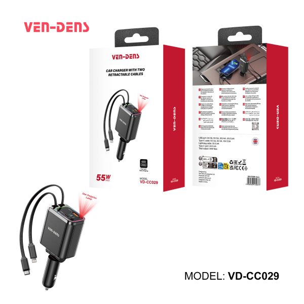 VEN-DENS 55W Car Charger with Dual Retractable Cables, USB-C & Lightning Built-In Cables, USB Port Fast Charging, PD & QC Car Adapter with Star Projector Light – Black VD-CC029