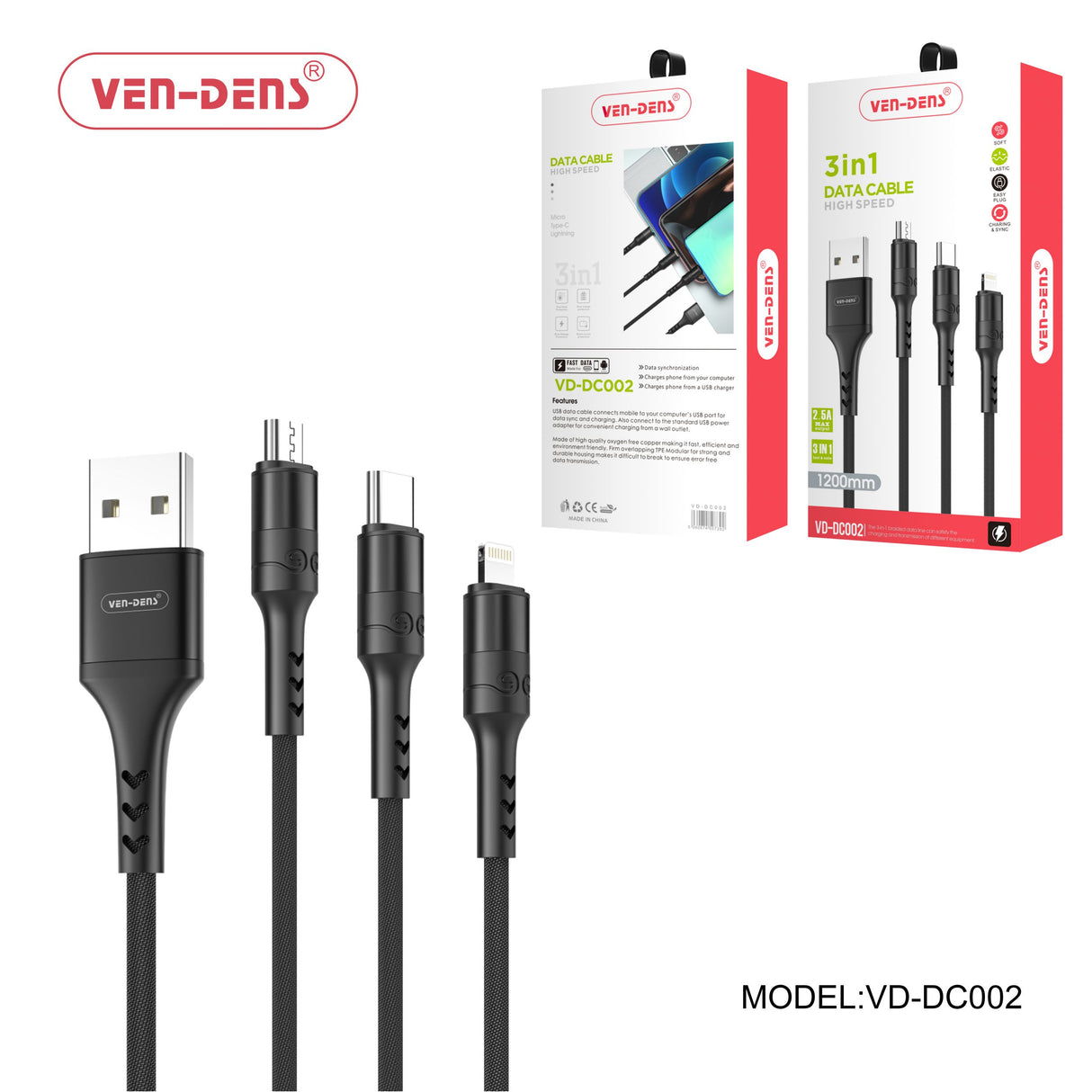 VEN-DENS 3 In 1 USB to Type C Lightning and Micro Charging Cable Black (1.2 Metre) VD-DC002