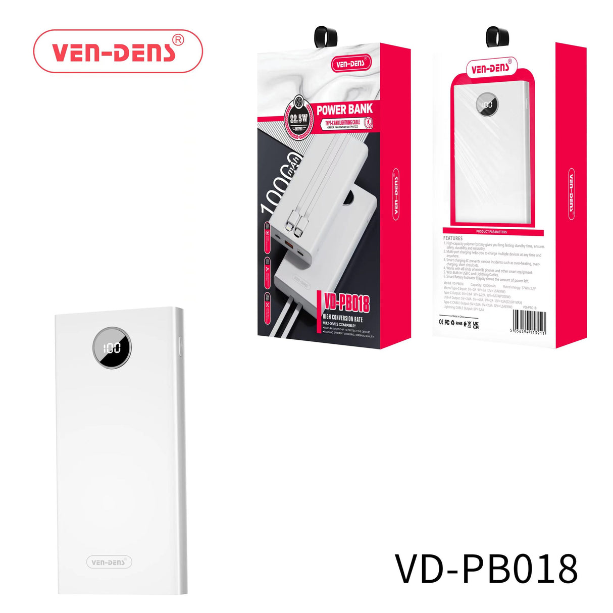 VEN-DENS Power Bank Wired 22.5W (Whole Box 10Pcs)