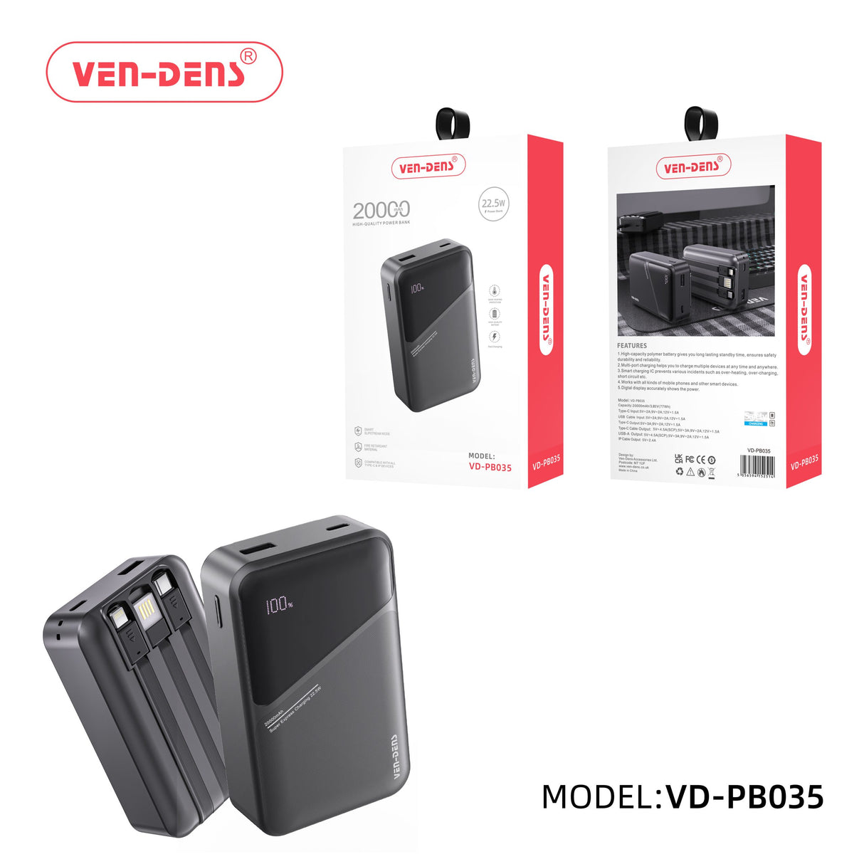 VEN-DENS Power Bank Wired 22.5W (Whole Box 10Pcs)