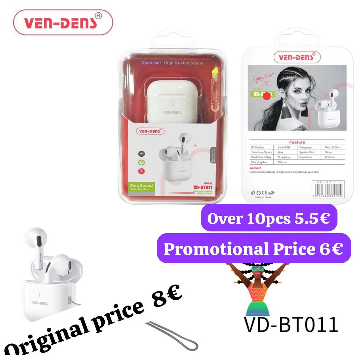 VEN-DENS Tws HD Sound Wireless Bluetooth Earbuds With Charging Case BT011