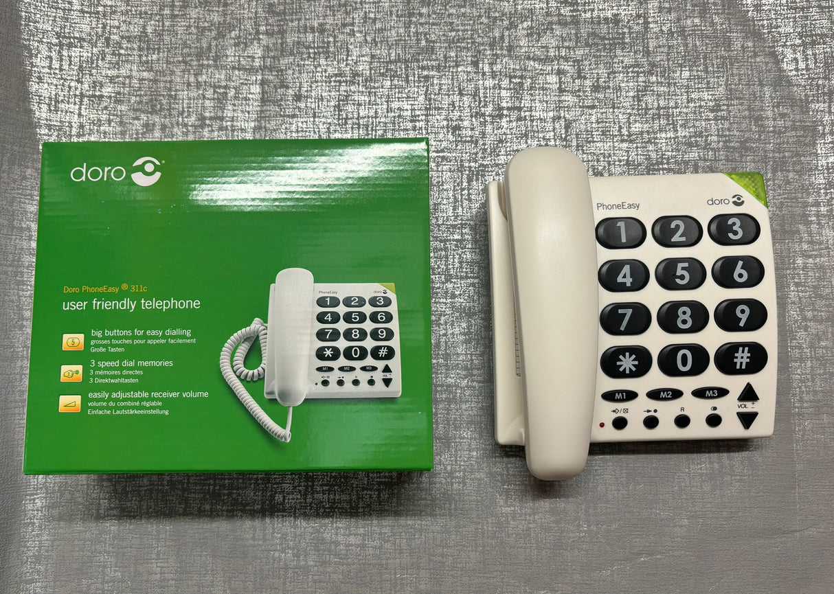 Doro PhoneEasy 311c White - Big Button Corded Landline Phone, Ideal for Seniors, Loud Sound, 3 One-Touch Memories, Visual Ring Indicator, Hearing Aid Compatible