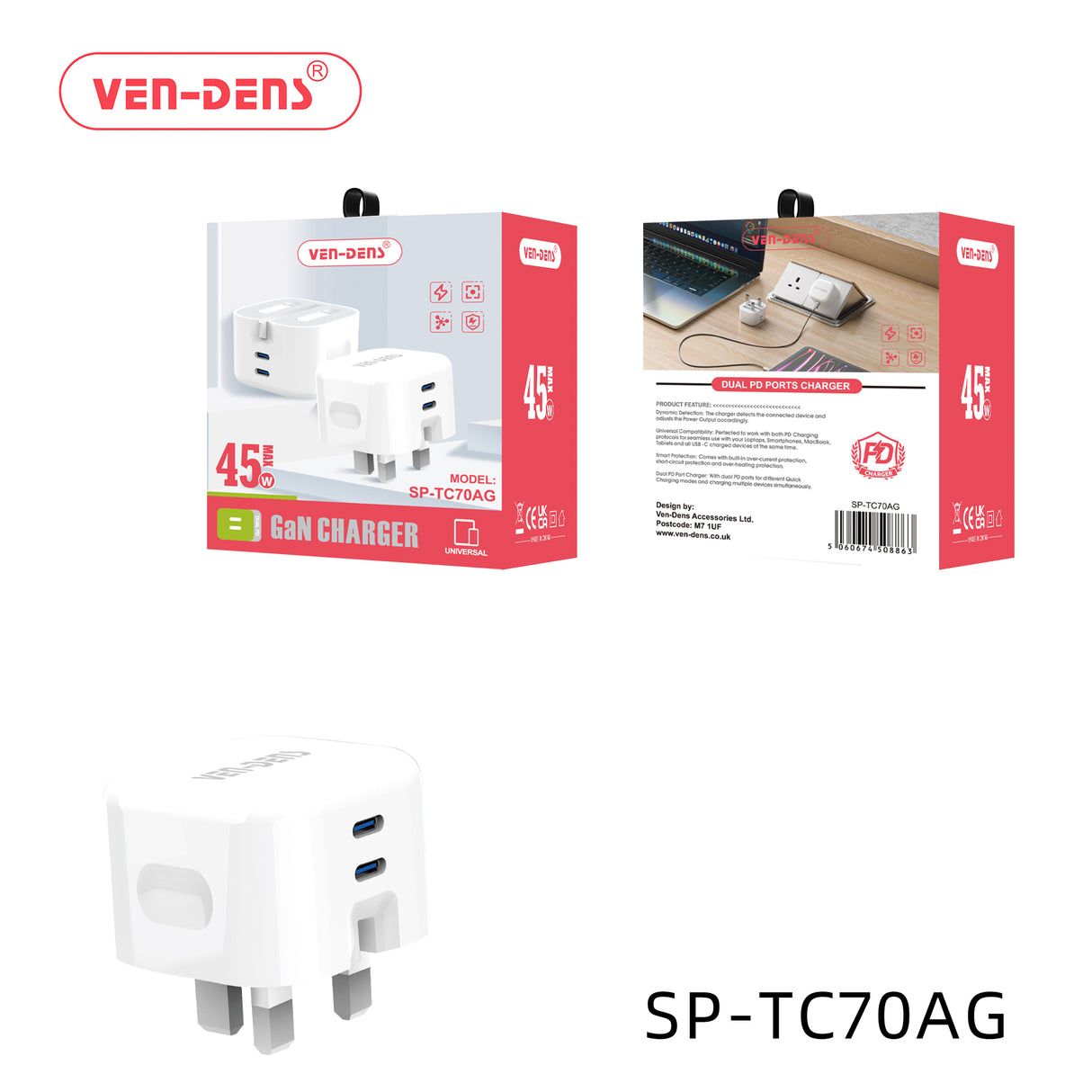 VEN-DENS 45W GaN Charger Dual Port Charger Plug (SP-TC70AG) VD-TC70AG