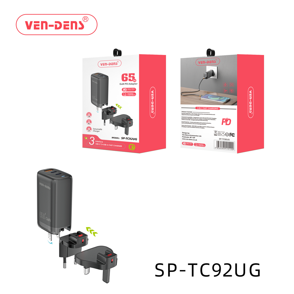 VEN-DENS 65W GaN Charger USB & Type-C 3 in 1 Multi Port Charger Folding Plug Detachable Charger SP-TC92UG