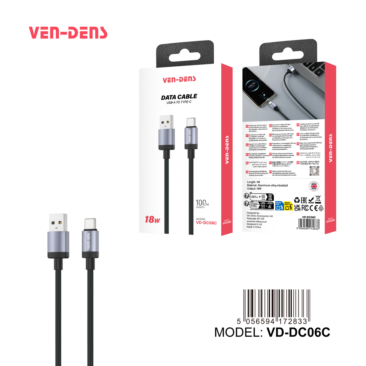 VEN-DENS 18W Cable USB A To TYPE C Cable VD-DC06C