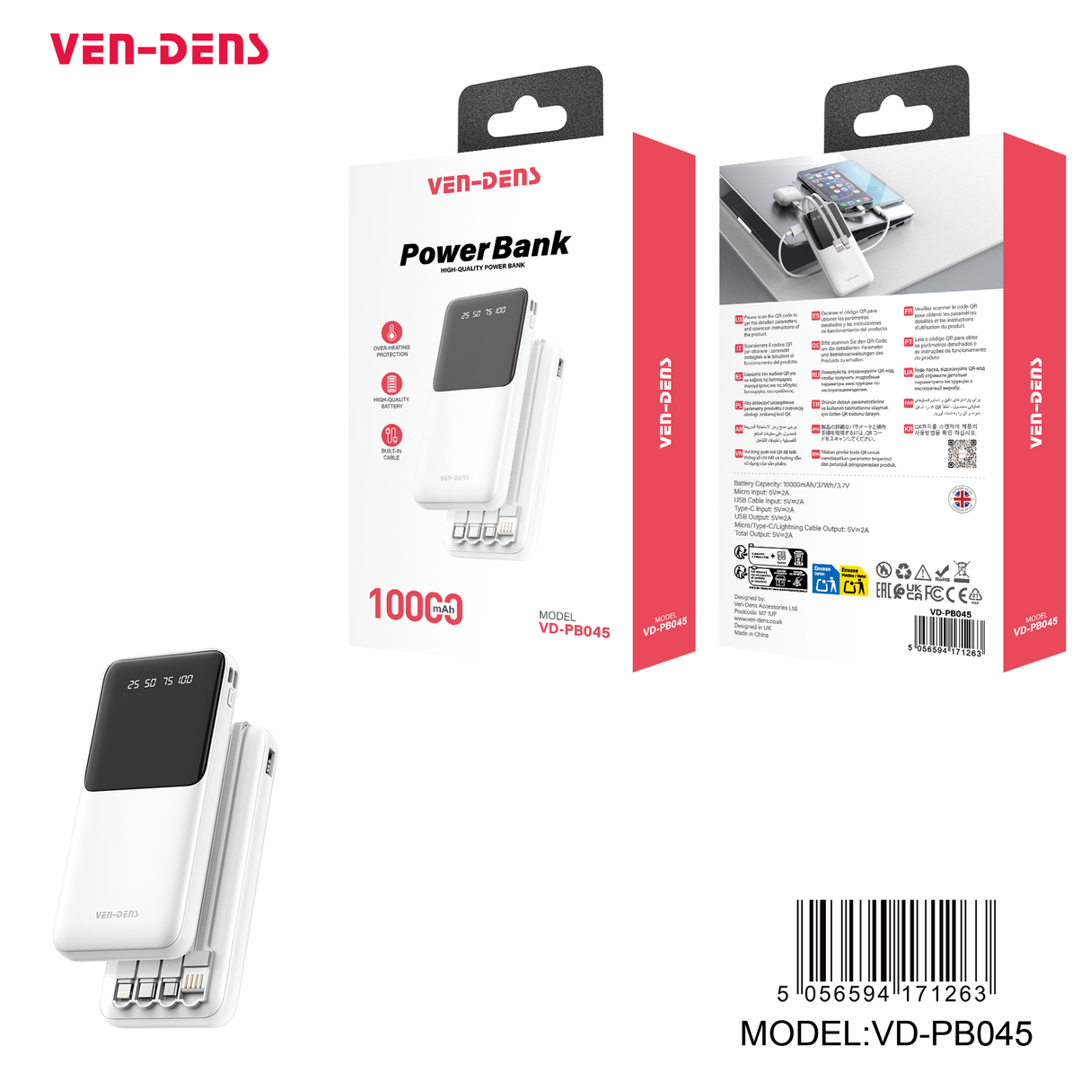 VEN-DENS Power Bank 10000mAh 3IN1 Built in Charging Cables VD-PB045