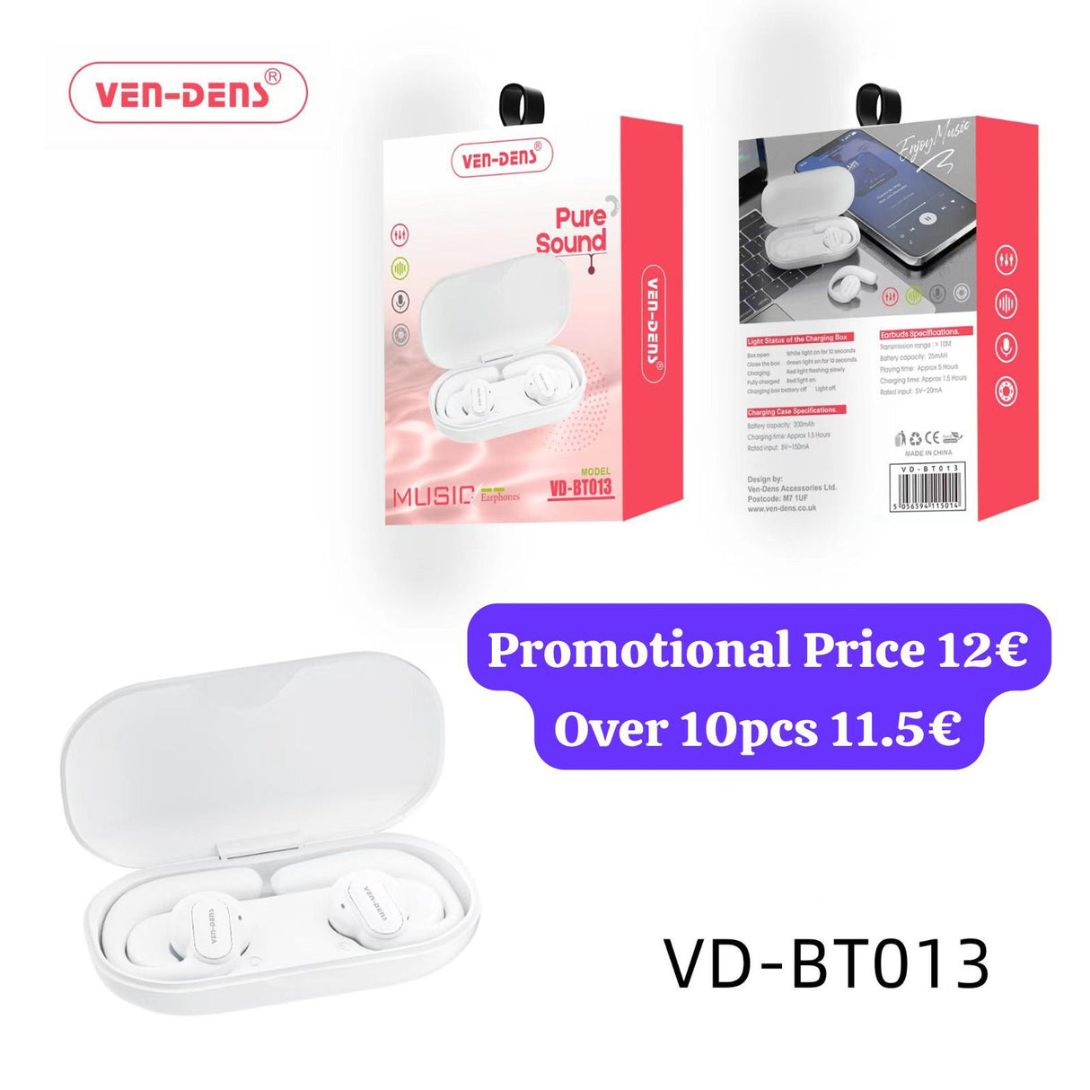 VEN-DENS Tws Pure Sound Music Earphones Wireless 5.3 Bluetooth Earbuds  VD-BT013