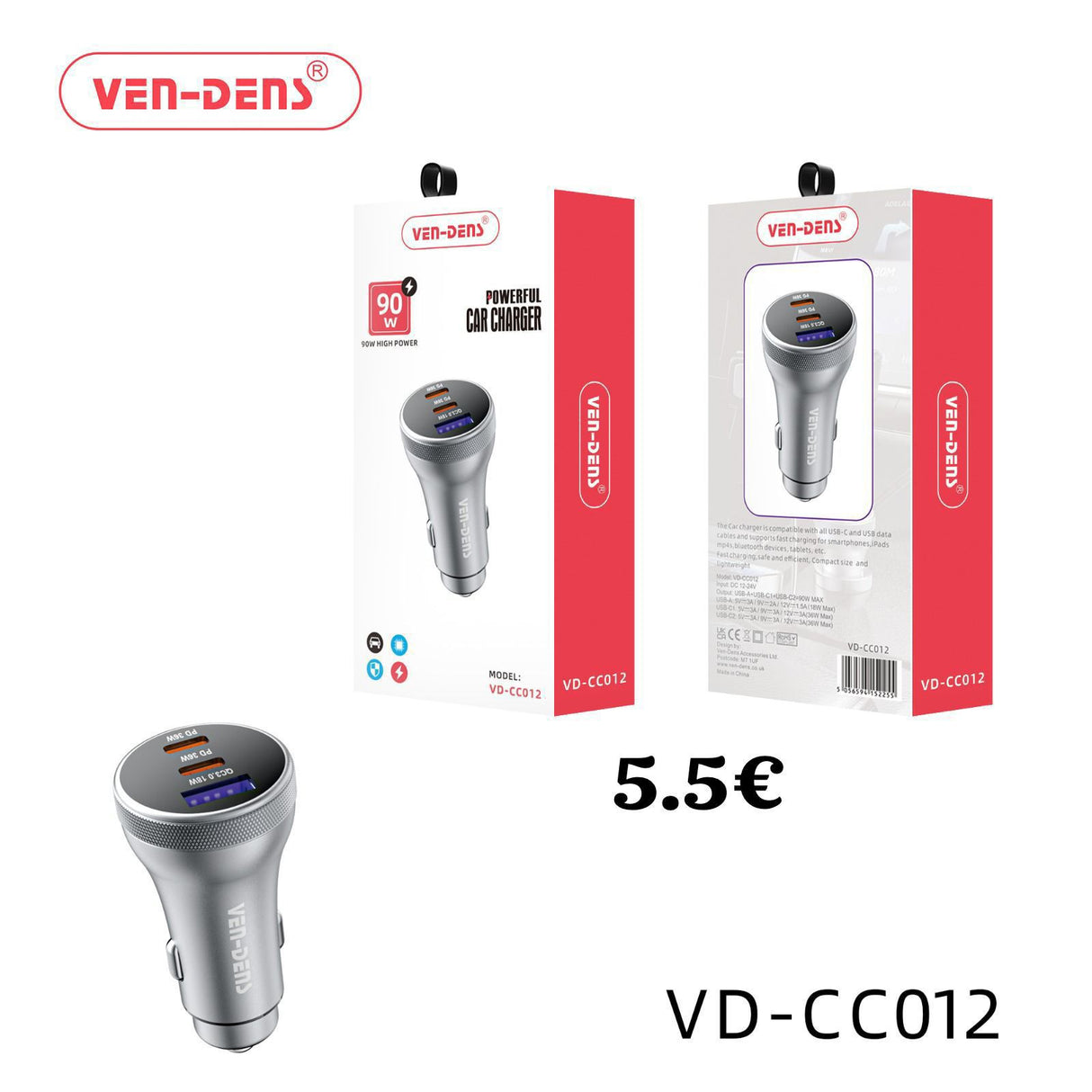 VEN-DENS 3 Port 90w Powerful Car Charger VD-CC012